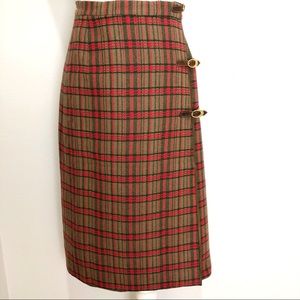 GUCCI Wool Cashmere Plaid GG Logo Leather Skirt XS